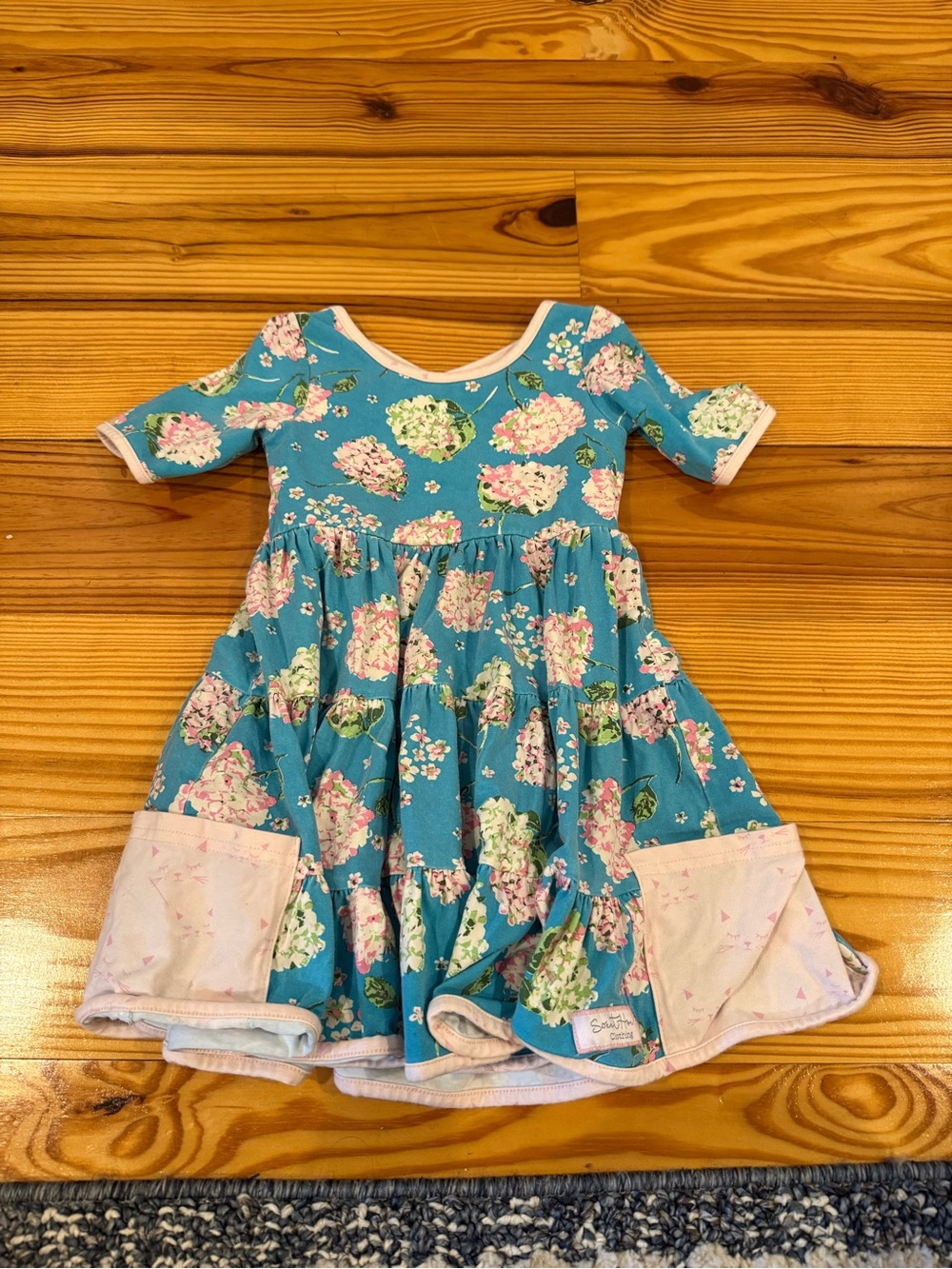 SweetHoney Teal Floral Dress with Pink Trim
